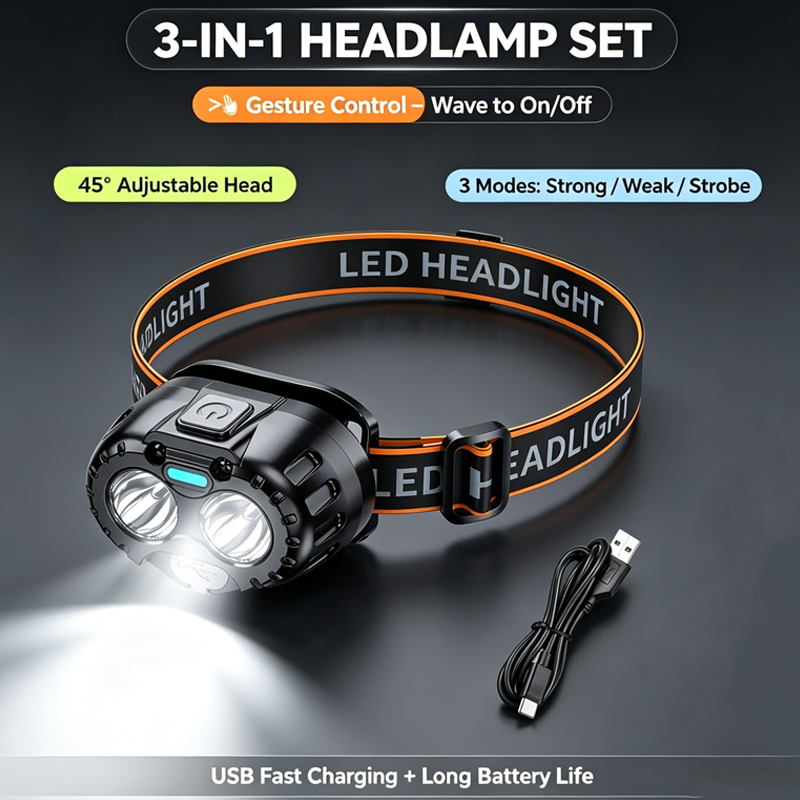 Outdoor Power Head - Lampe frontale LED puissante, étanche IPX4,
